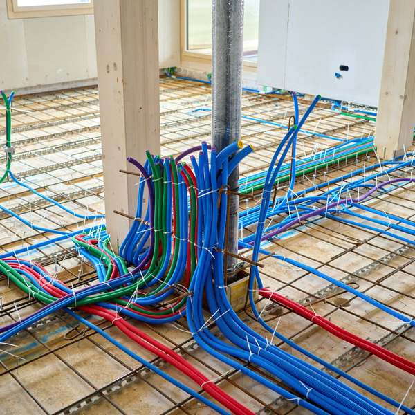 New heating and water pipework laid out neatly across a floor before it is covered